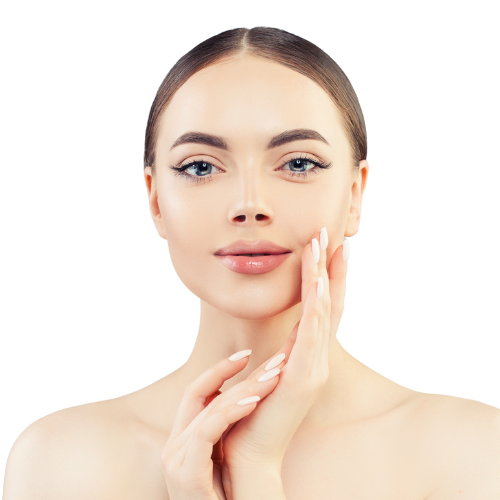 A person with smooth skin and light makeup, touching their cheek, against a plain white background. A person with smooth skin and light makeup, touching their cheek, against a plain white background.