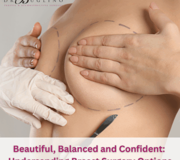 A surgeon marks a woman’s breast with a dotted line while she covers her chest, preparing for breast surgery; a surgical scalpel is held in one hand.